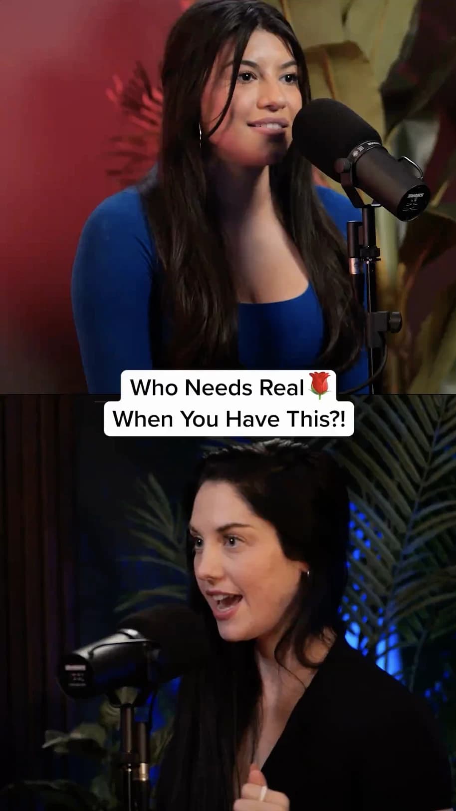 Split screen UGC ad with two creators talking into podcast microphones