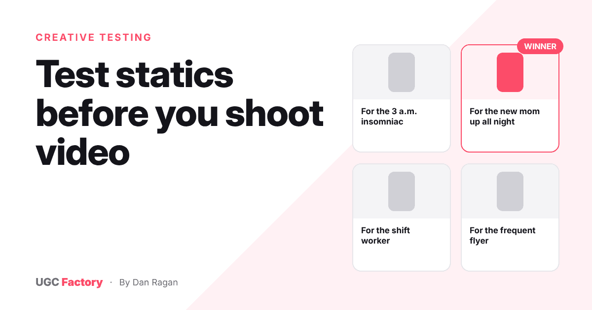 Four static ads with the same layout testing different persona messages, one marked winner