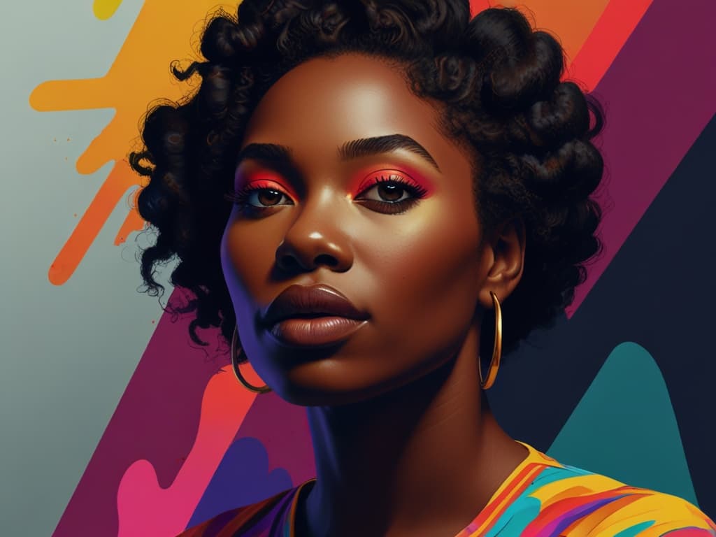 Woman in vibrant makeup and colorful outfit against abstract background, representing creative ad testing in 2025.
