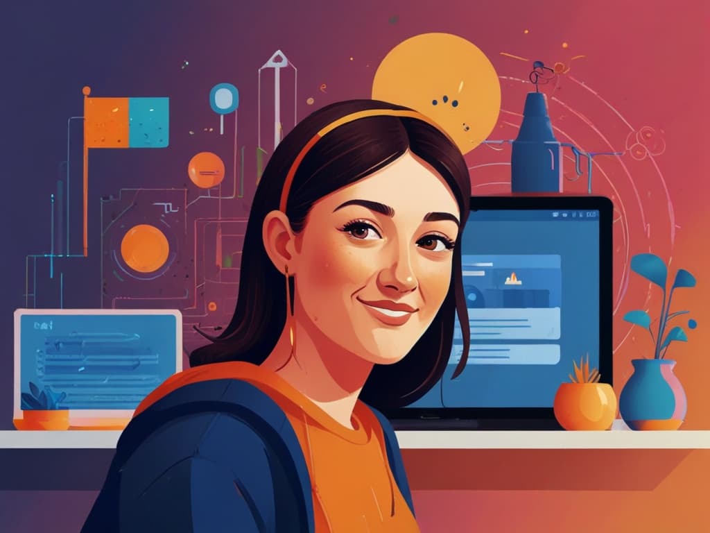 Smiling woman next to laptop with Facebook ads interface, vibrant digital marketing background.