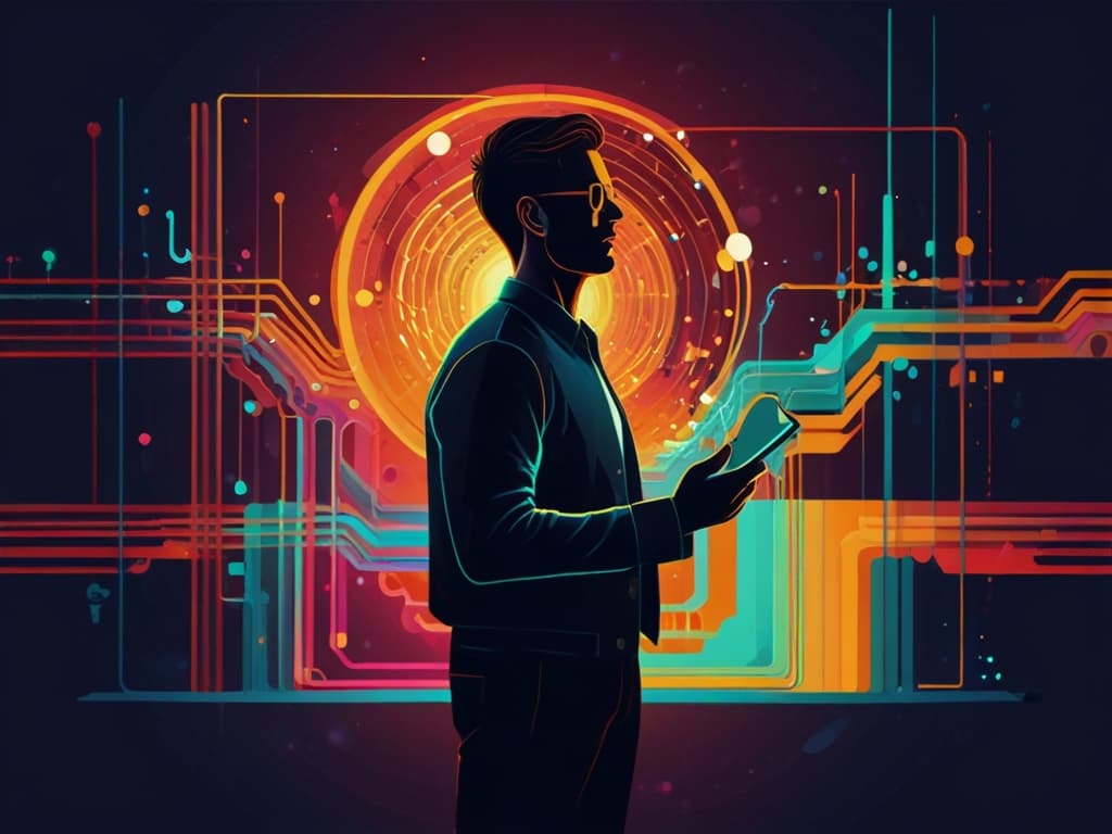 Silhouette of a person with smartphone, digital circuit background, social media integration concept.