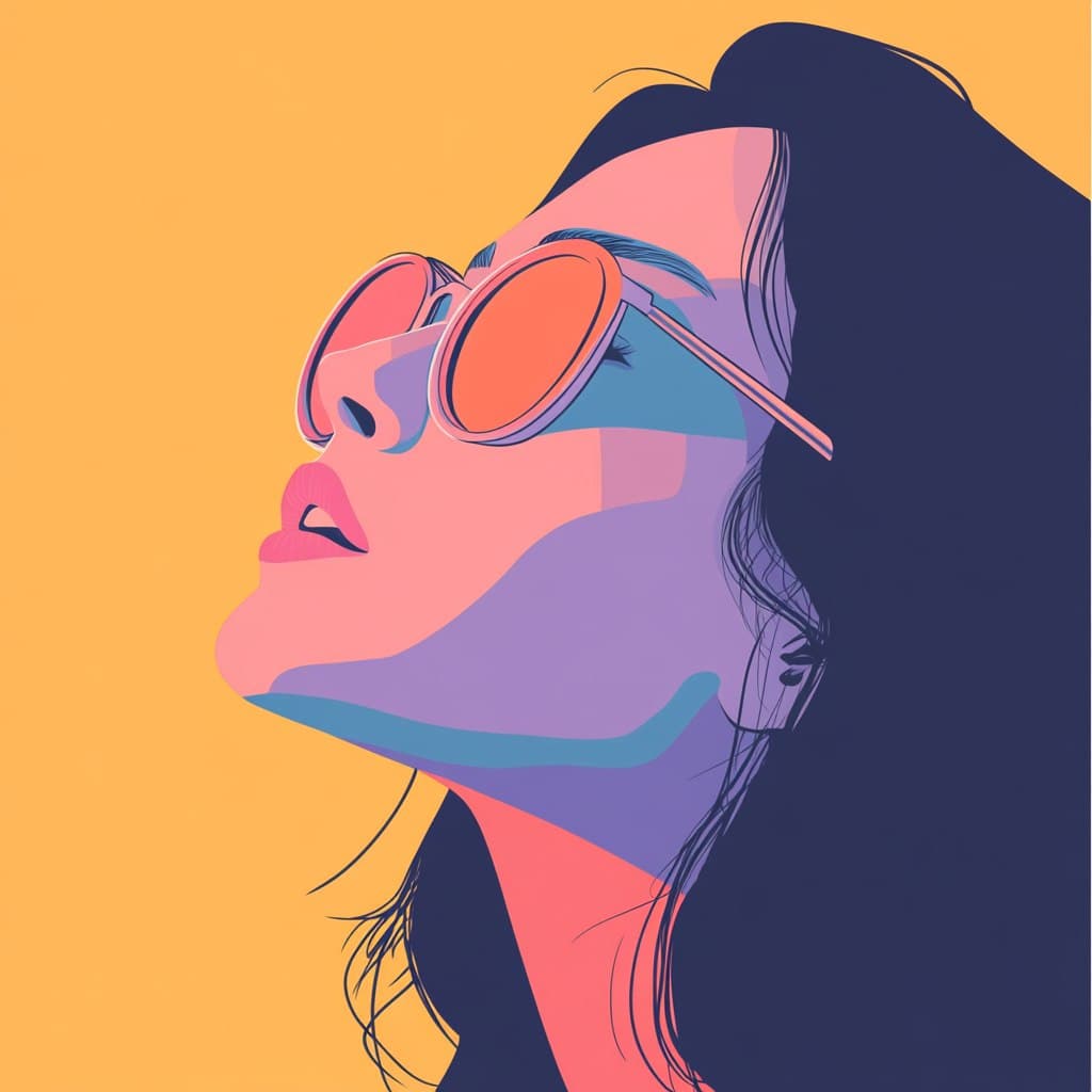Illustration of a woman wearing sunglasses, gazing upwards against a vibrant yellow background.