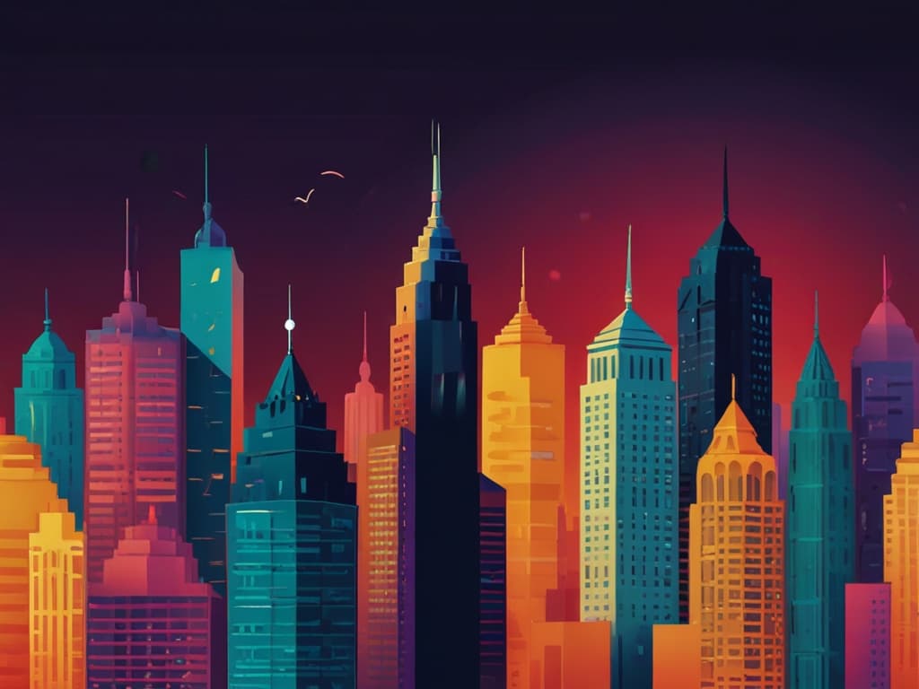 Colorful skyline of futuristic skyscrapers at sunset, highlighting urban travel destinations 2025.